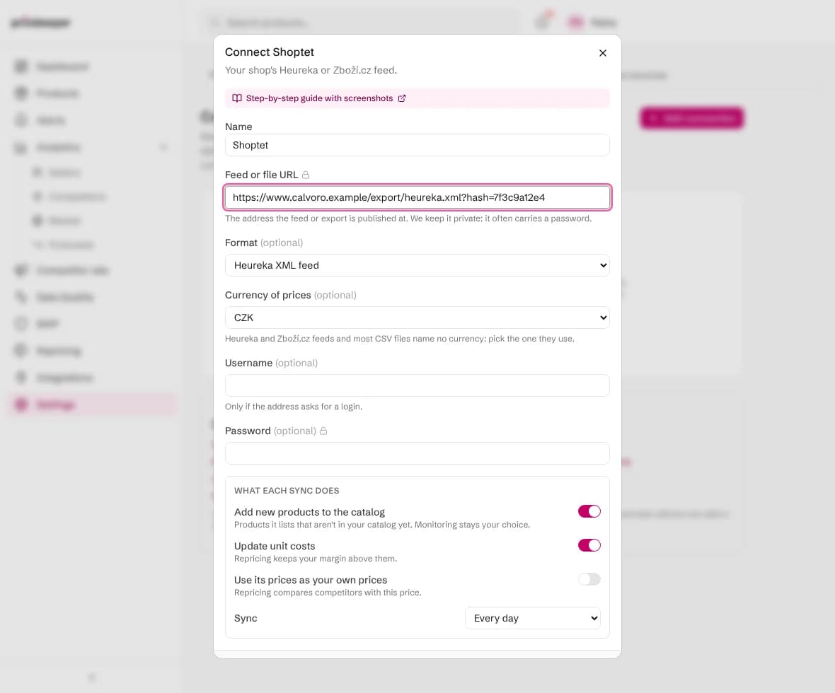 The Connect Shoptet form with the feed address, format, currency, what each sync does and the sync schedule