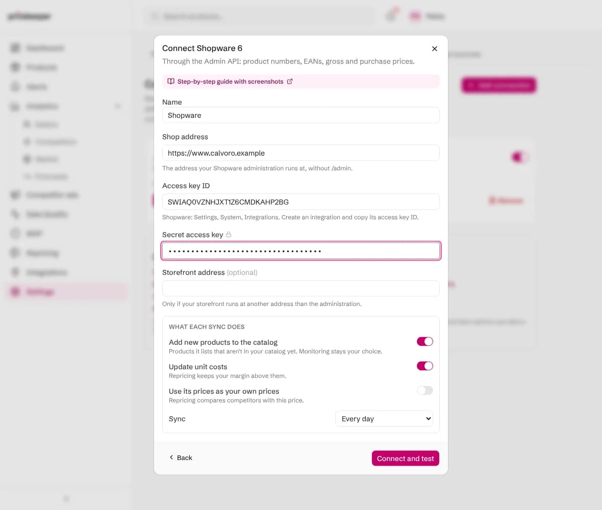 The Connect Shopware 6 form with the shop address, access key ID, secret access key and what each sync does