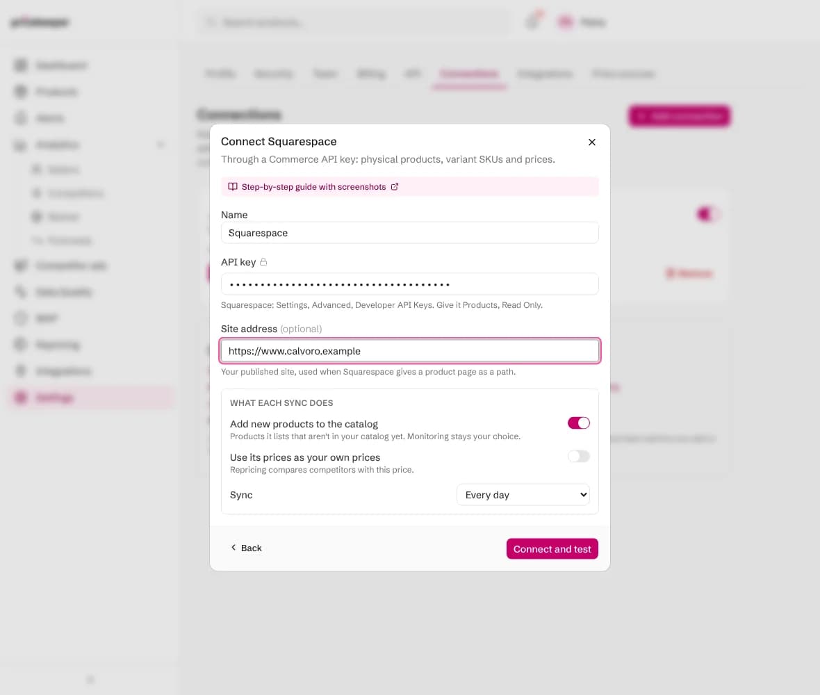 The Connect Squarespace form with the API key, site address and what each sync does
