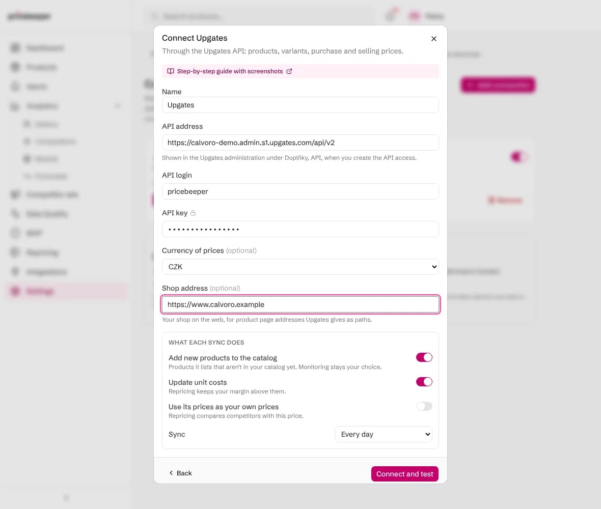 The Connect Upgates form with the API address, login, API key, currency, shop address and what each sync does
