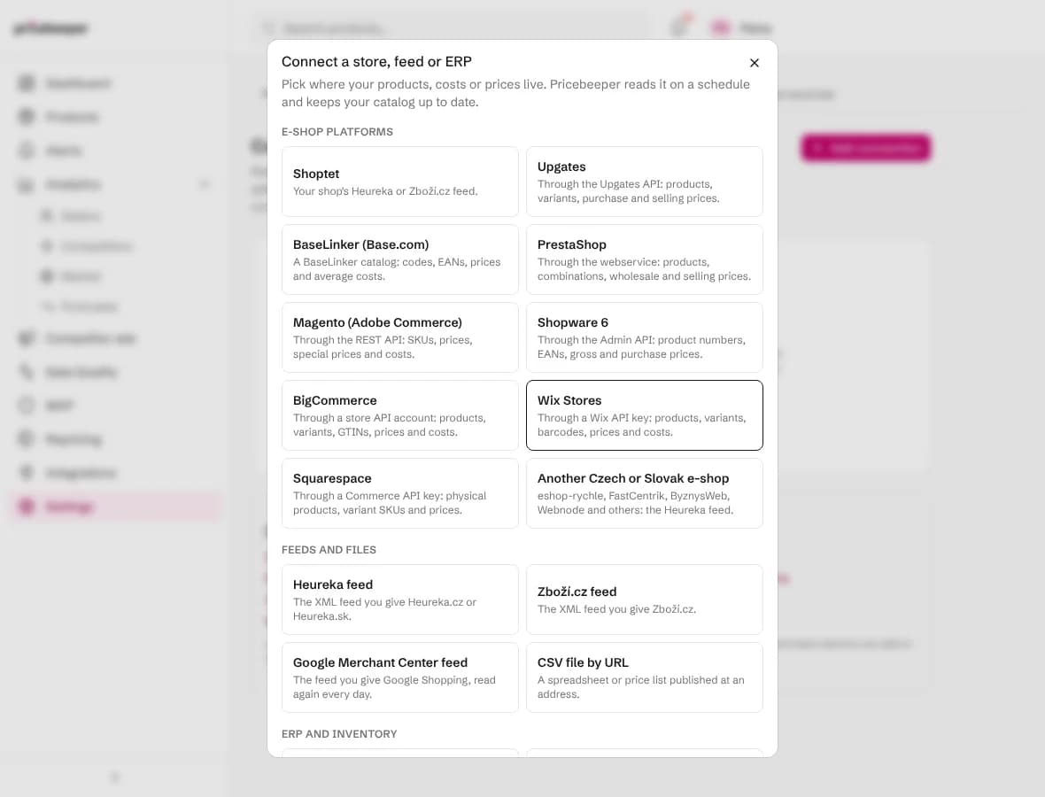 The Connect a store, feed or ERP dialog listing e-shop platforms, feeds and files, and ERP systems to choose from