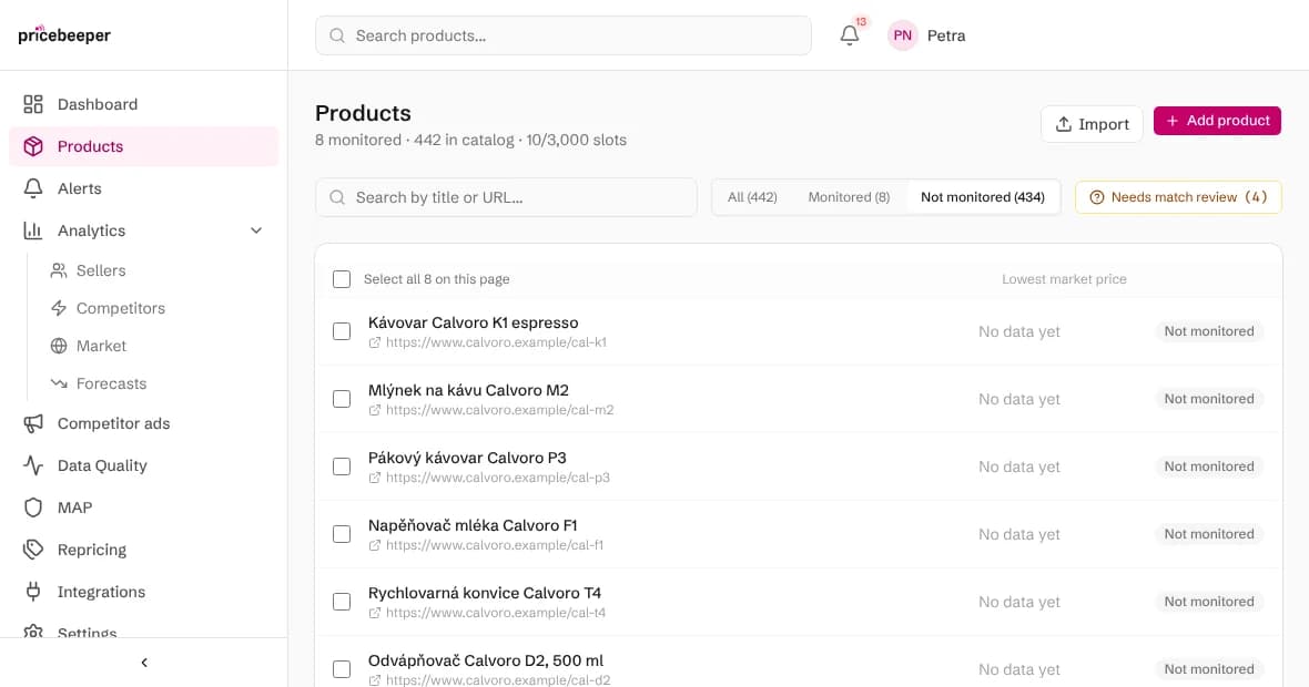 The Products page filtered to products not monitored yet, listing products the feed connection added, which can now be attached to a region