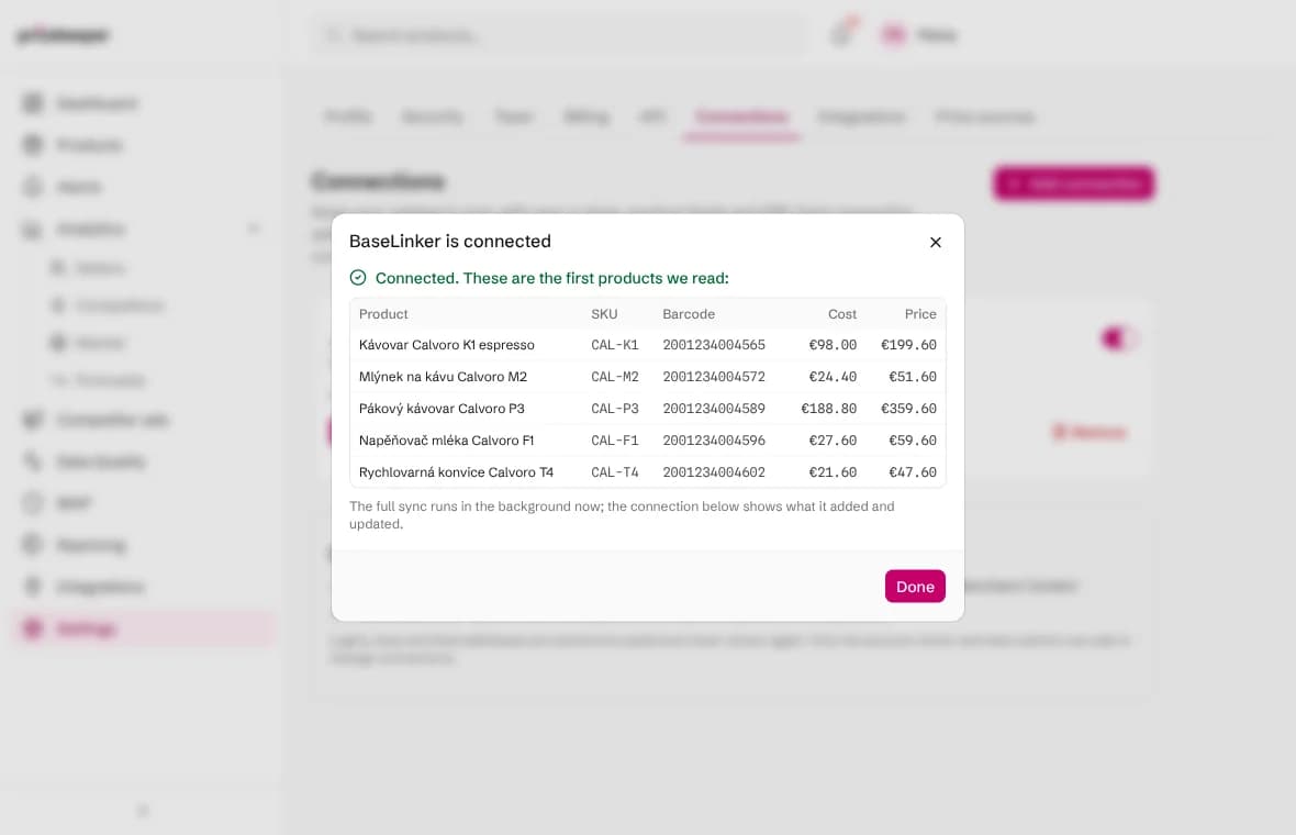 The BaseLinker connection result showing Connected and the first products with SKUs, EANs, average costs and prices