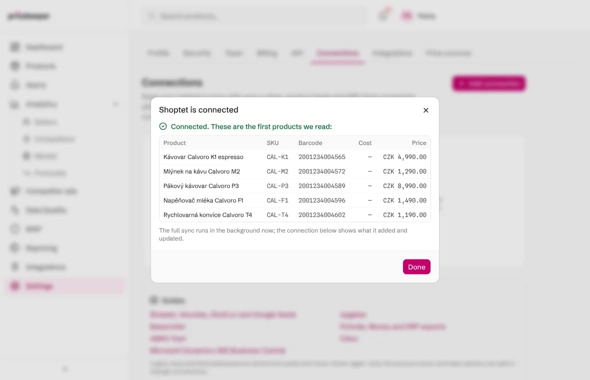 The connection result showing Connected and a table of the first products read with their codes, barcodes and prices