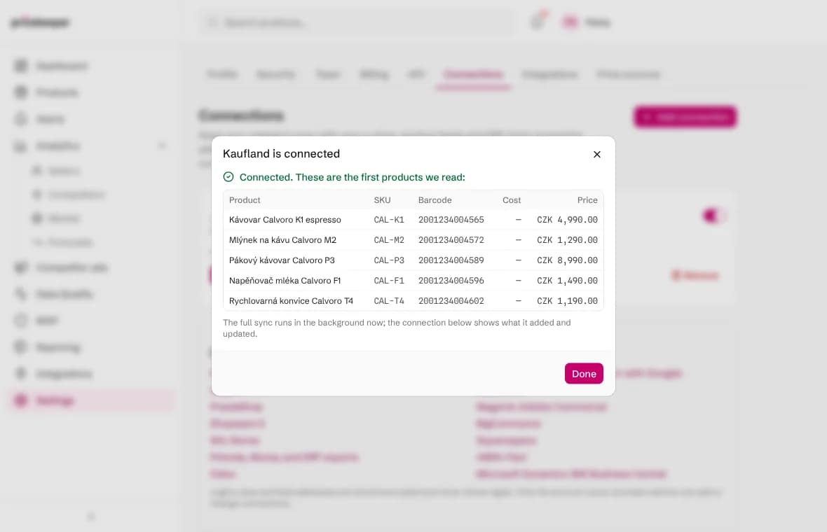 The Kaufland connection result showing Connected and the first offers with their offer IDs, EANs and prices