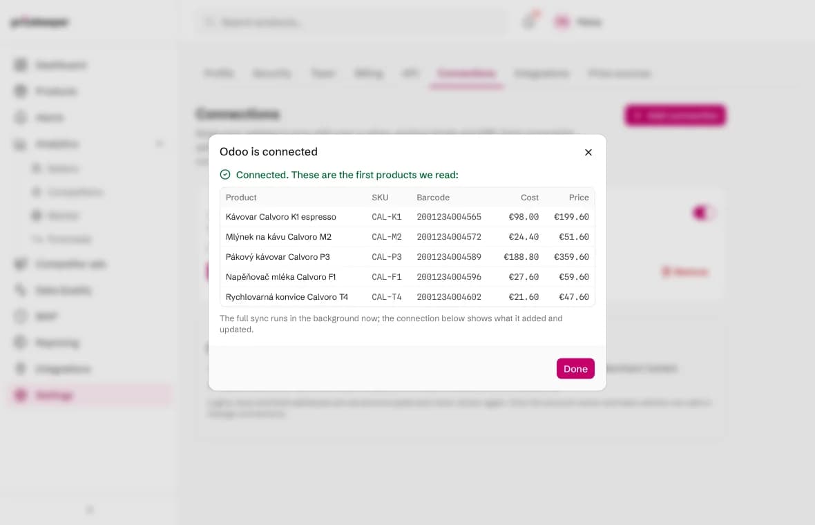 The Odoo connection result showing Connected and the first products with internal references, barcodes, costs and sales prices