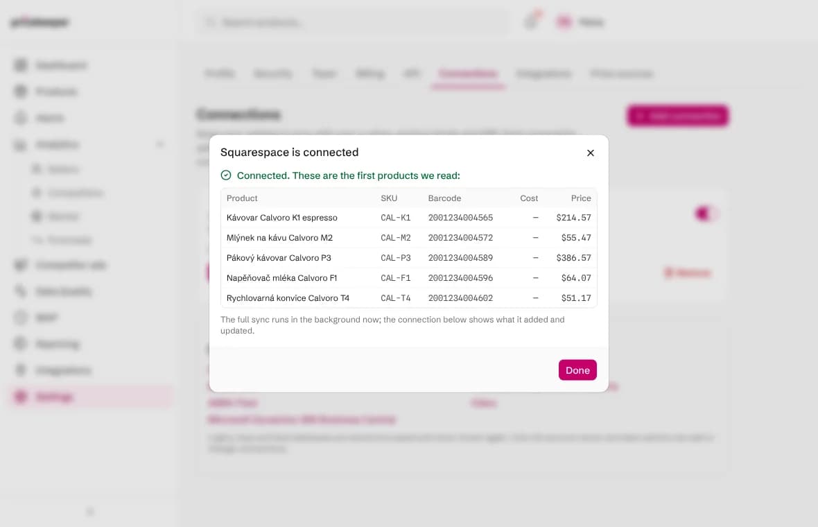 The Squarespace connection result showing Connected and the first products with SKUs and prices