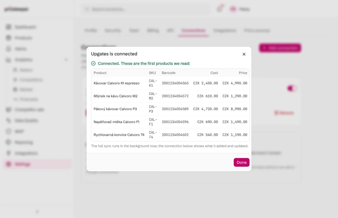 The Upgates connection result showing Connected and the first products with codes, barcodes, purchase and selling prices