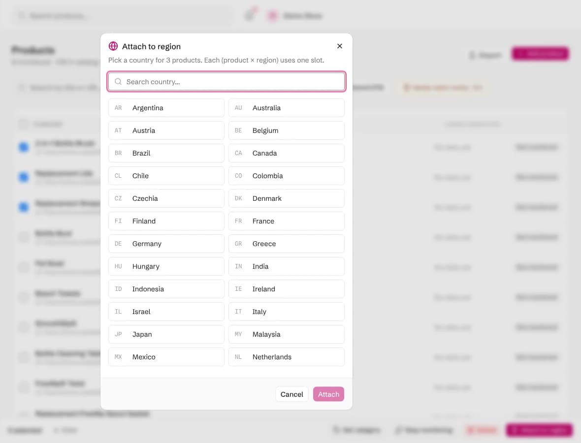 The Products page with three products selected and the Attach to region dialog open, listing the countries to choose from