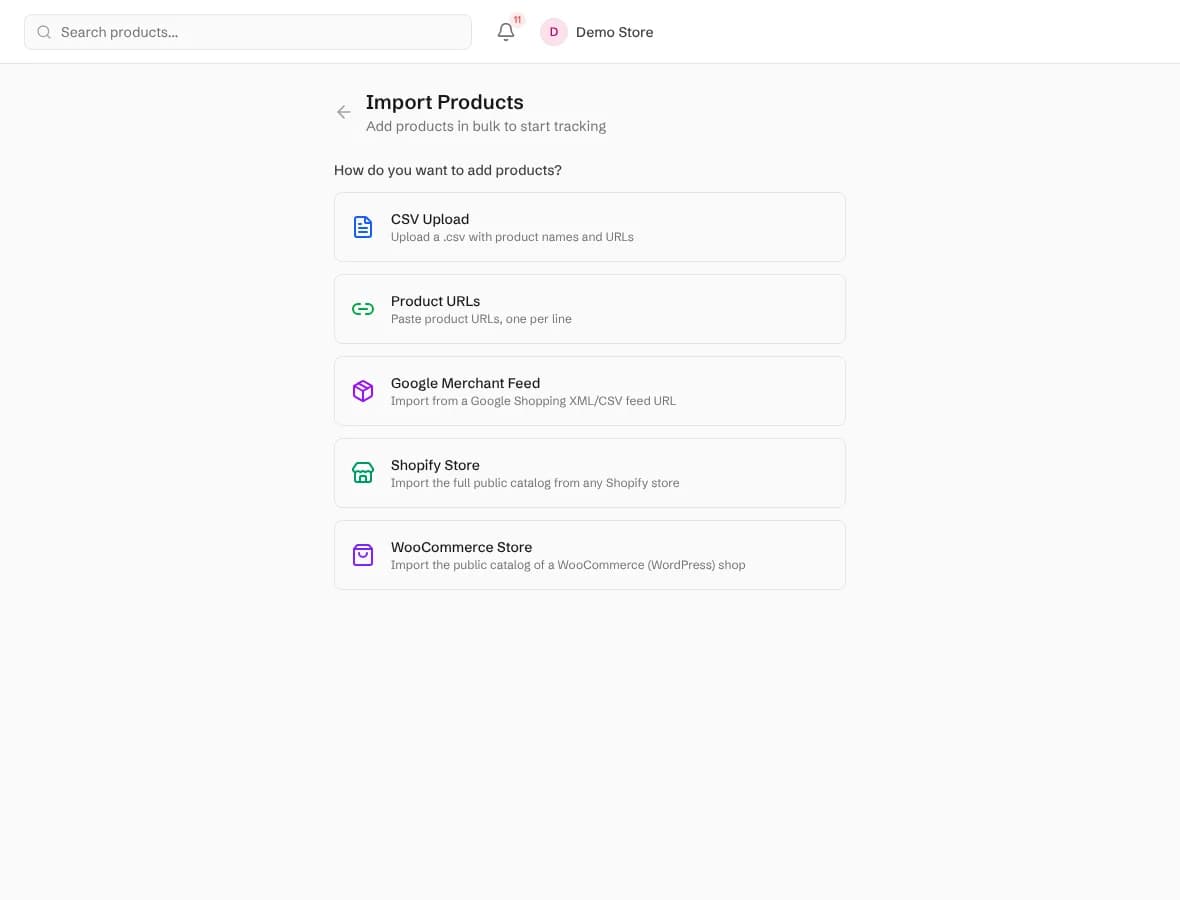 The Import products page with the choice of CSV upload, product URLs, Google Merchant feed, Shopify store and WooCommerce store