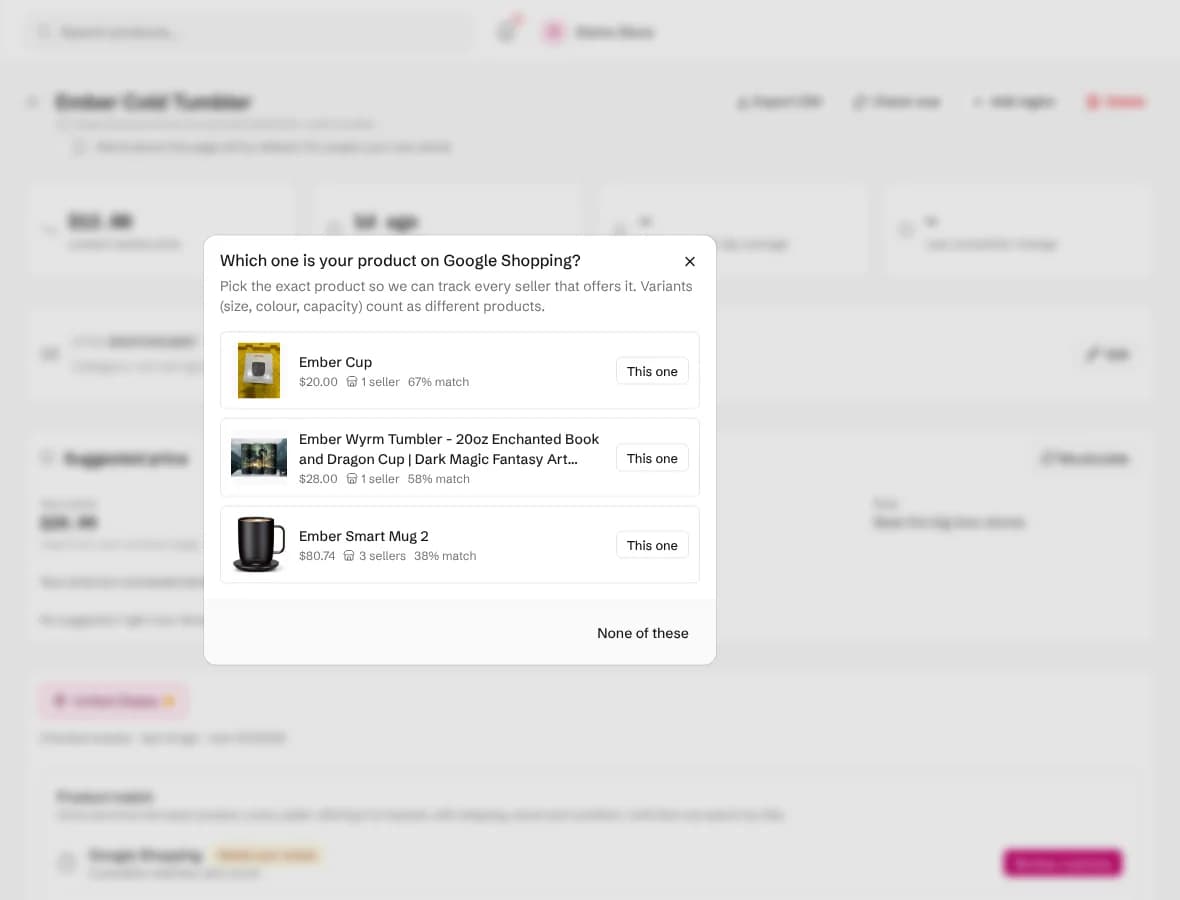 The Review matches dialog listing candidate products with their image, title, price and match score, each with a This one button