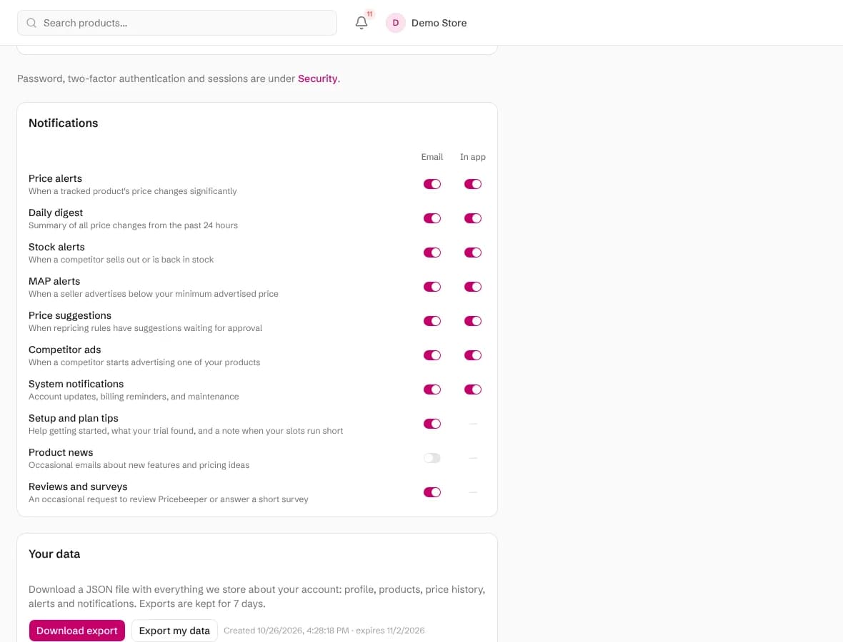 The Notifications settings with switches for price alerts, daily digest, stock alerts, MAP alerts and repricing, by email and in the app