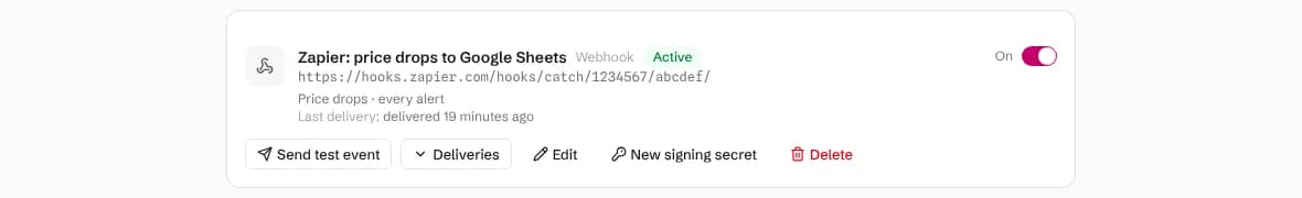 The Zapier webhook integration showing it is active, its filter and when it last delivered