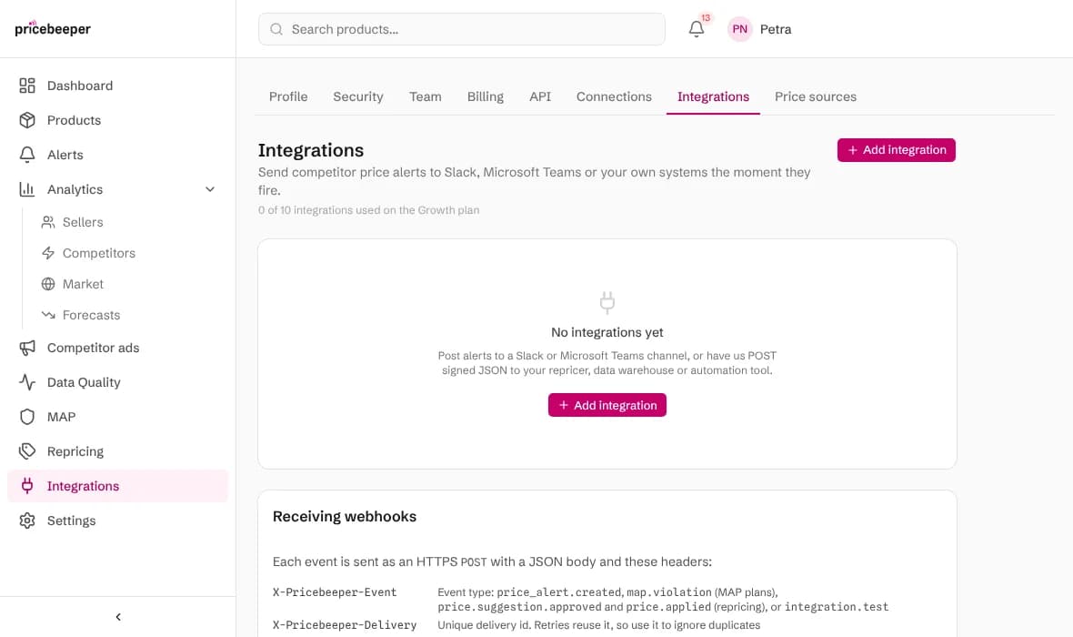The Integrations page in Pricebeeper settings with no integrations yet and an Add integration button
