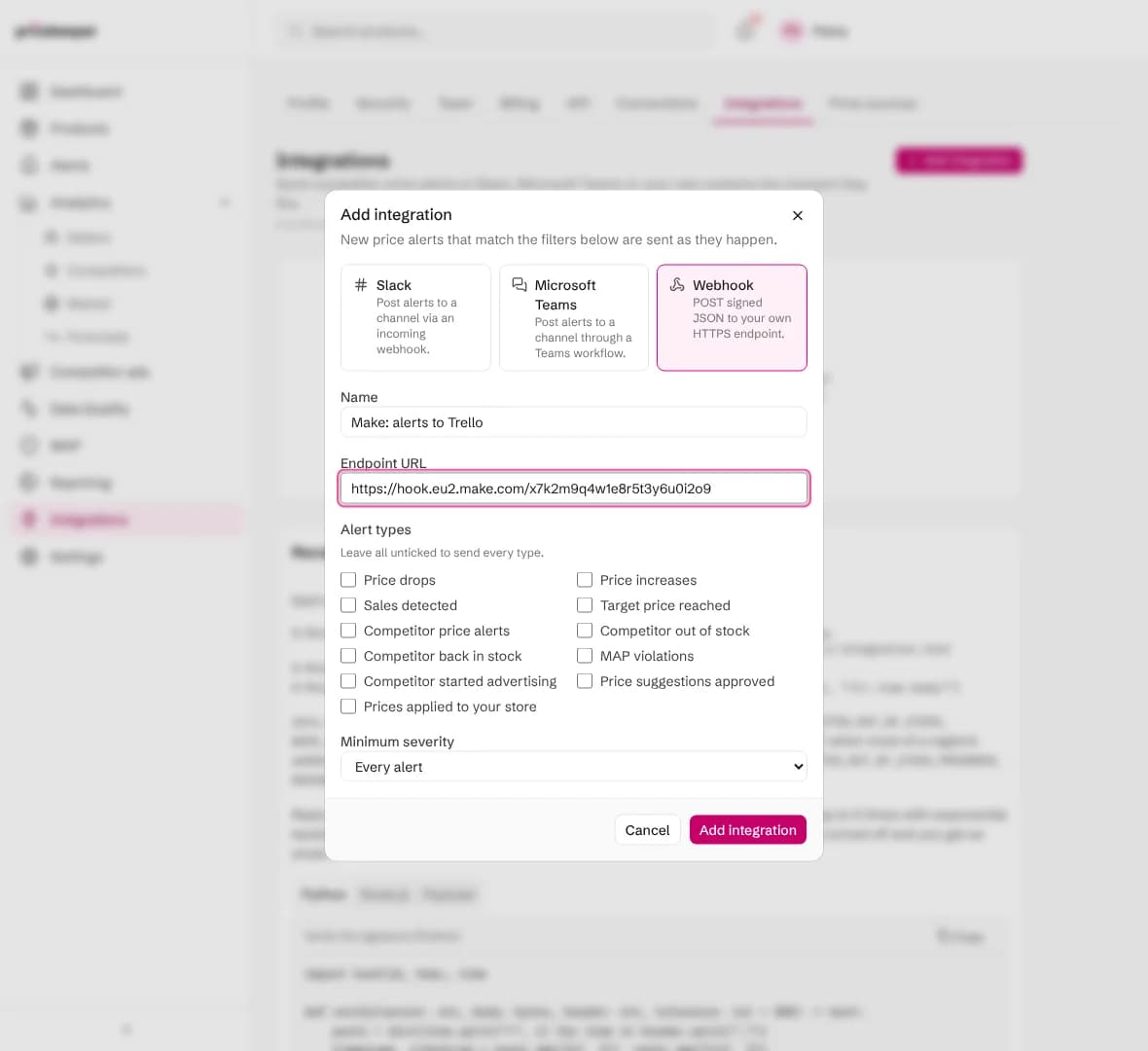 The Add integration dialog with Webhook chosen and a Make custom webhook address pasted