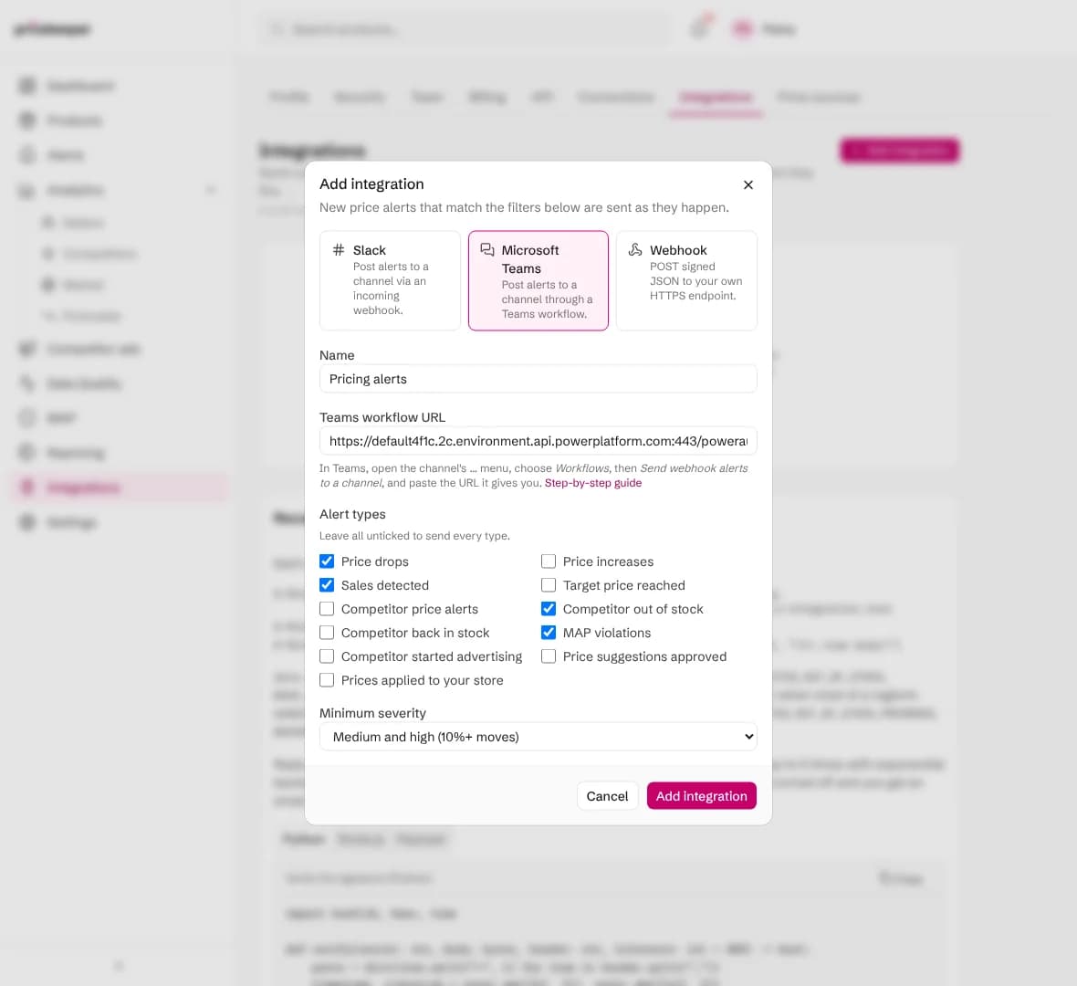 The Add integration dialog with Microsoft Teams chosen, the workflow link pasted and four alert types ticked