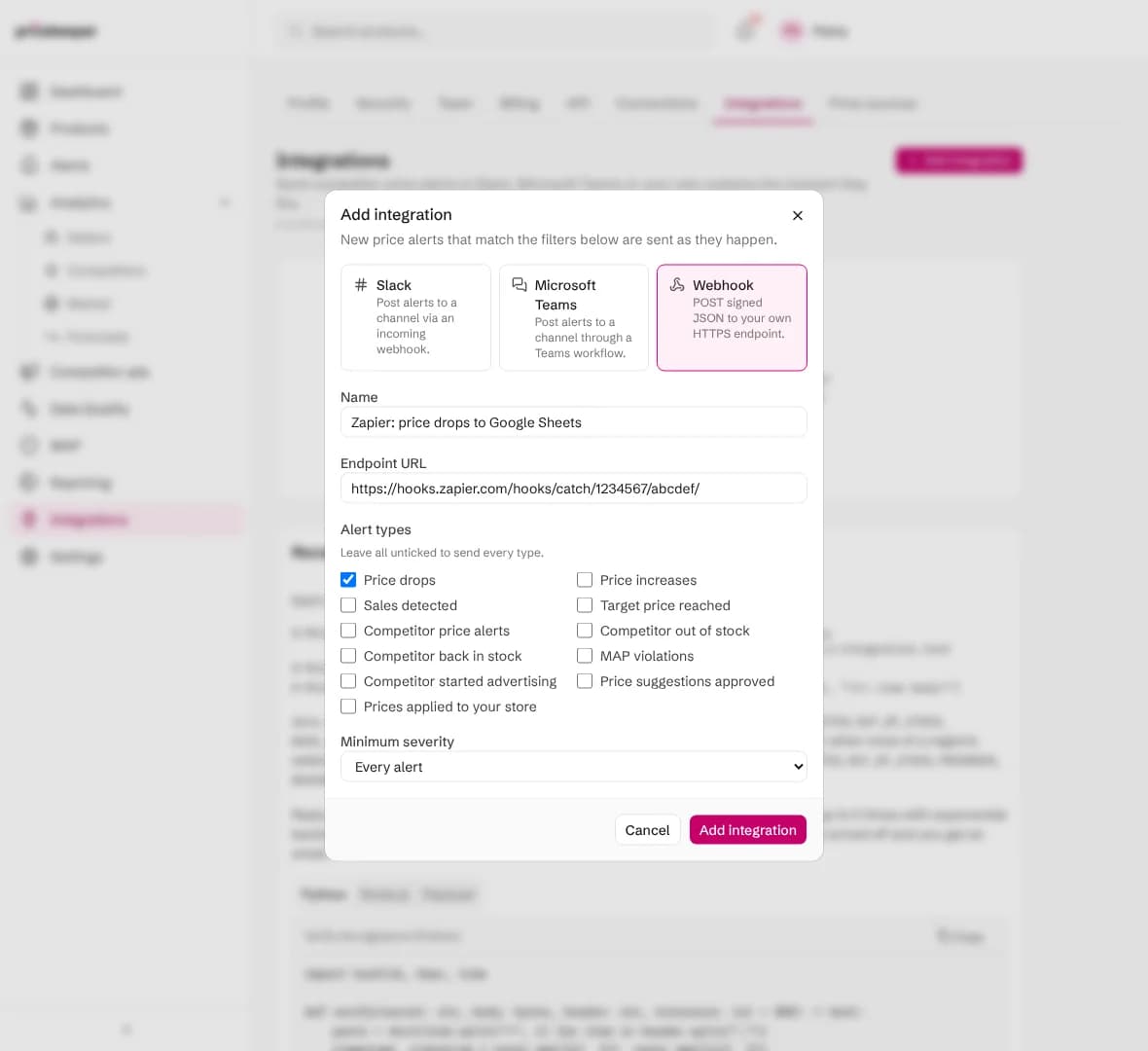 The Add integration dialog with Webhook chosen, a Zapier catch hook address pasted and Price drops ticked
