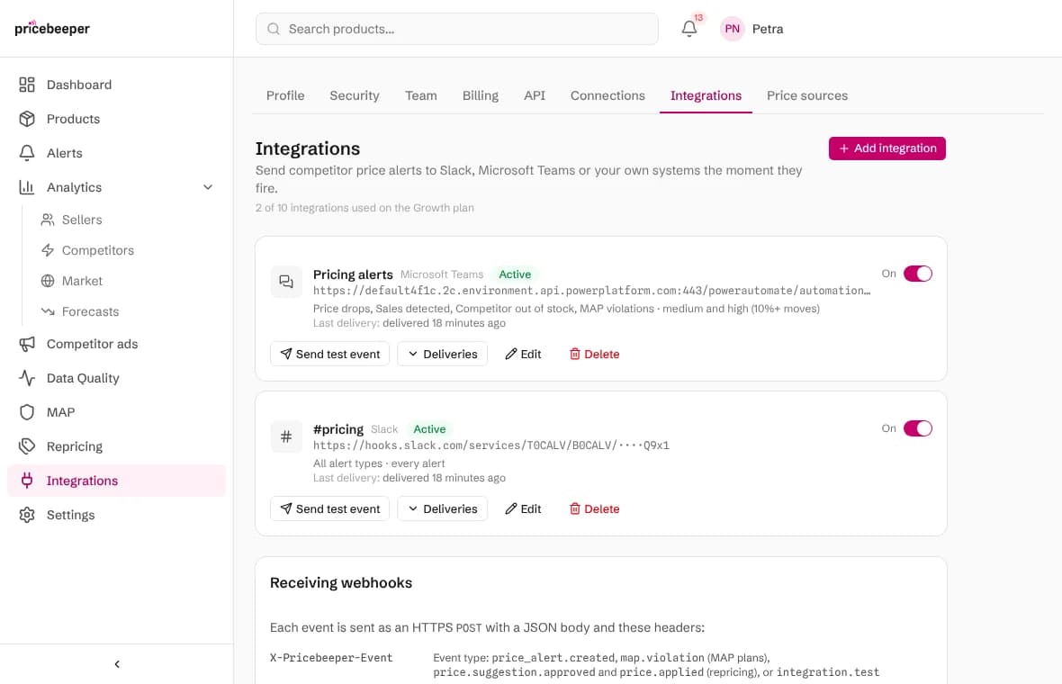 The Integrations page with a Microsoft Teams integration and a Slack integration side by side
