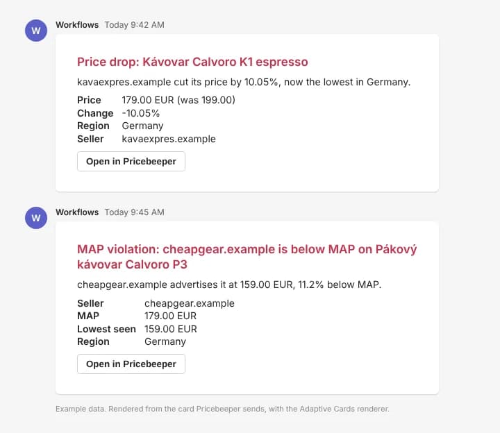 Two Pricebeeper alerts in a Teams channel: a price drop with its price, change, region and seller, and a MAP violation